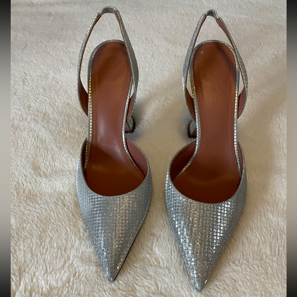 Amina Muaddi Metallic Silver Slingback Heels